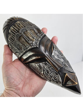 Hand Carved Wooden & Metal African Tribal Wall Mask Folk Art